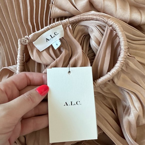 A.L.C. Renzo Asymmetric Pleated Midi-Dress Sz 8 Bella Halter Neck Smock Waist - Picture 3 of 10